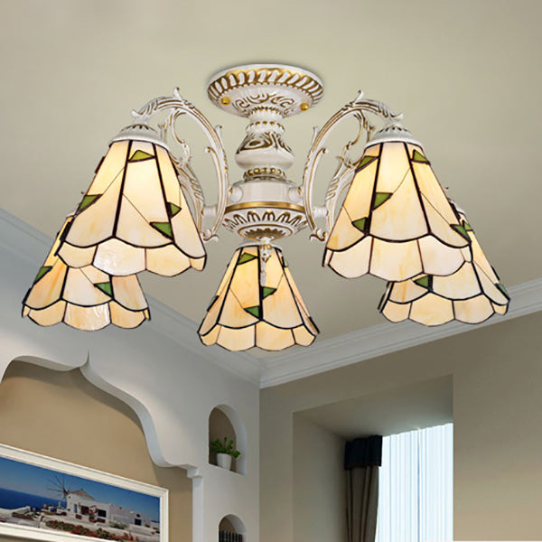 Vintage Lodge Stained Glass Semi Flush Ceiling Light in White/Antique Brass with Conical Design - 3/5 Heads for Foyer