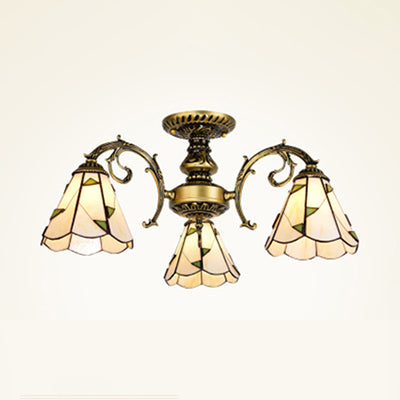 Vintage Lodge Stained Glass Semi Flush Ceiling Light in White/Antique Brass with Conical Design - 3/5 Heads for Foyer