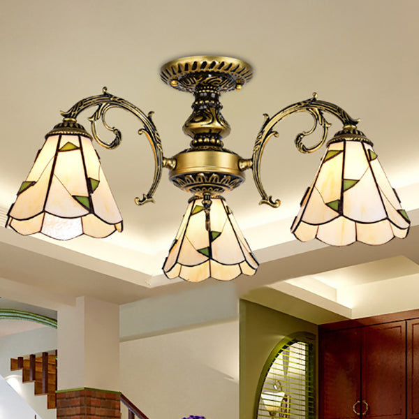 Vintage Lodge Stained Glass Semi Flush Ceiling Light in White/Antique Brass with Conical Design - 3/5 Heads for Foyer