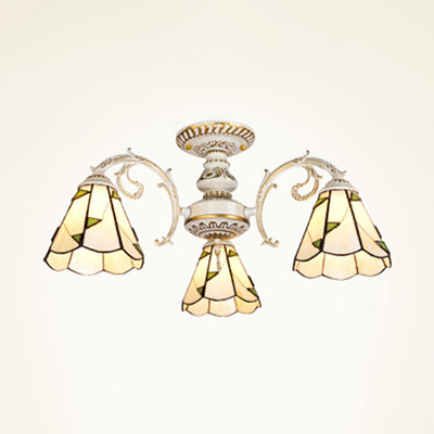 Vintage Lodge Stained Glass Semi Flush Ceiling Light in White/Antique Brass with Conical Design - 3/5 Heads for Foyer