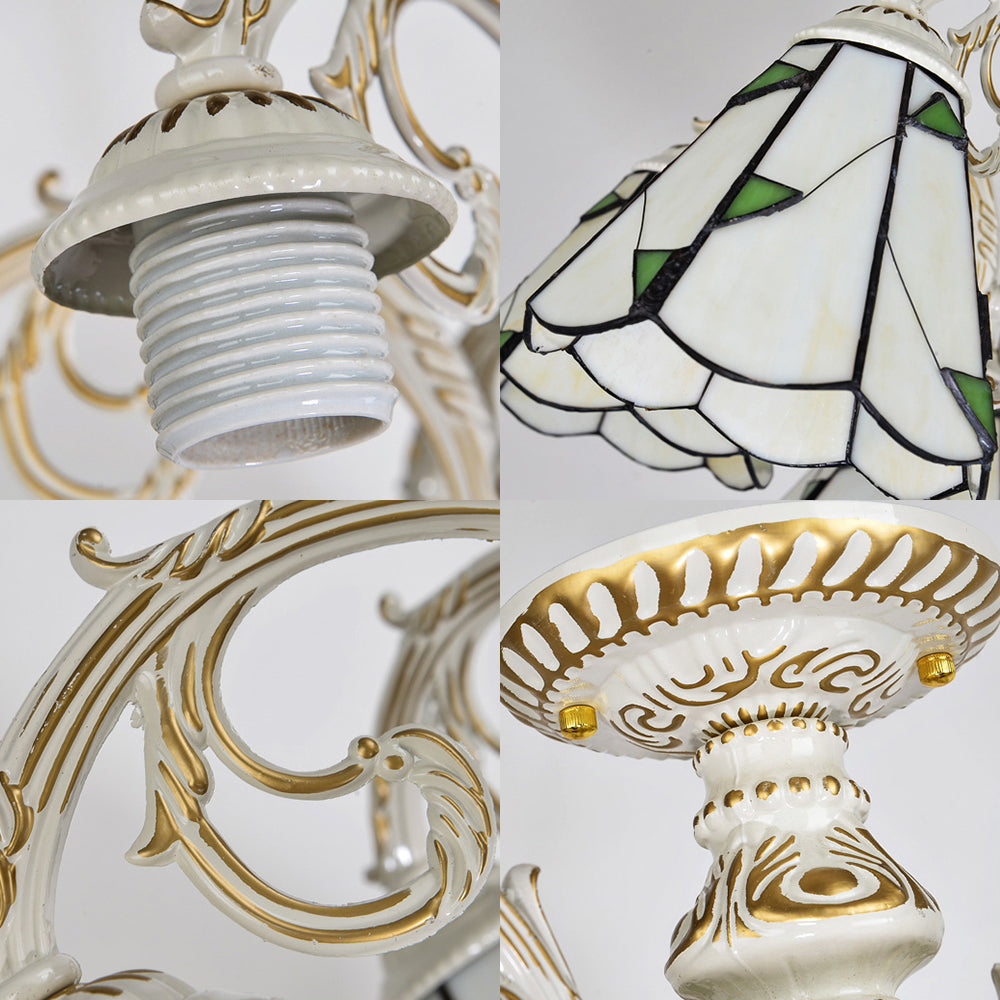 Vintage Lodge Stained Glass Semi Flush Ceiling Light in White/Antique Brass with Conical Design - 3/5 Heads for Foyer