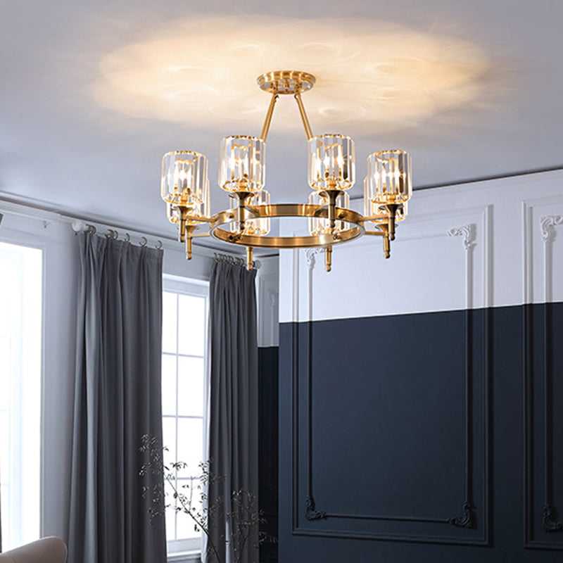 Modern Faceted Crystal Cylinder Chandelier Ceiling Pendant Light w/ 3/5/6 Bulbs in Brass Finish