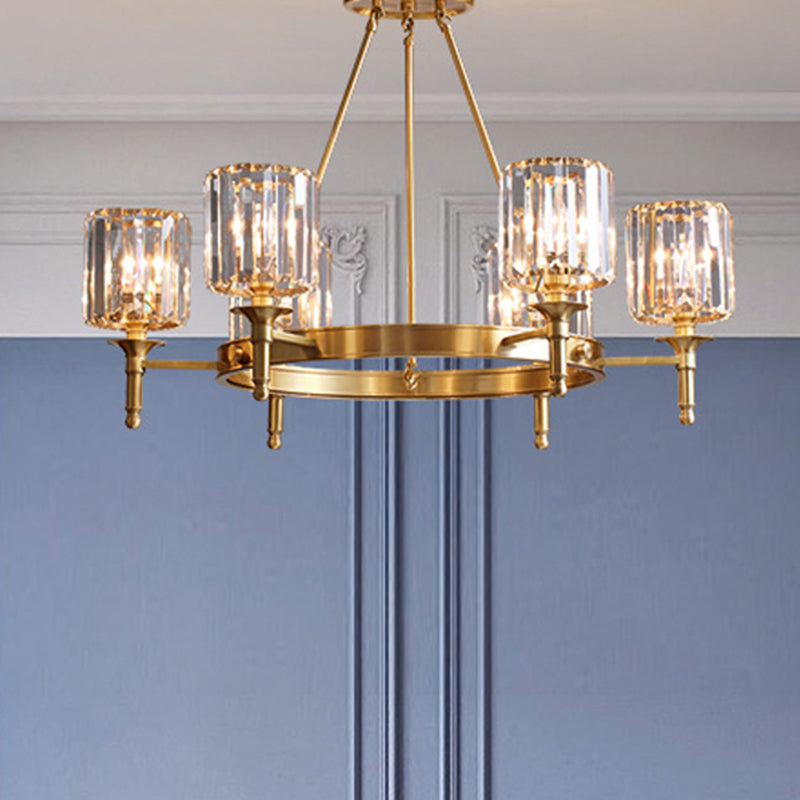 Modern Faceted Crystal Cylinder Chandelier Ceiling Pendant Light w/ 3/5/6 Bulbs in Brass Finish