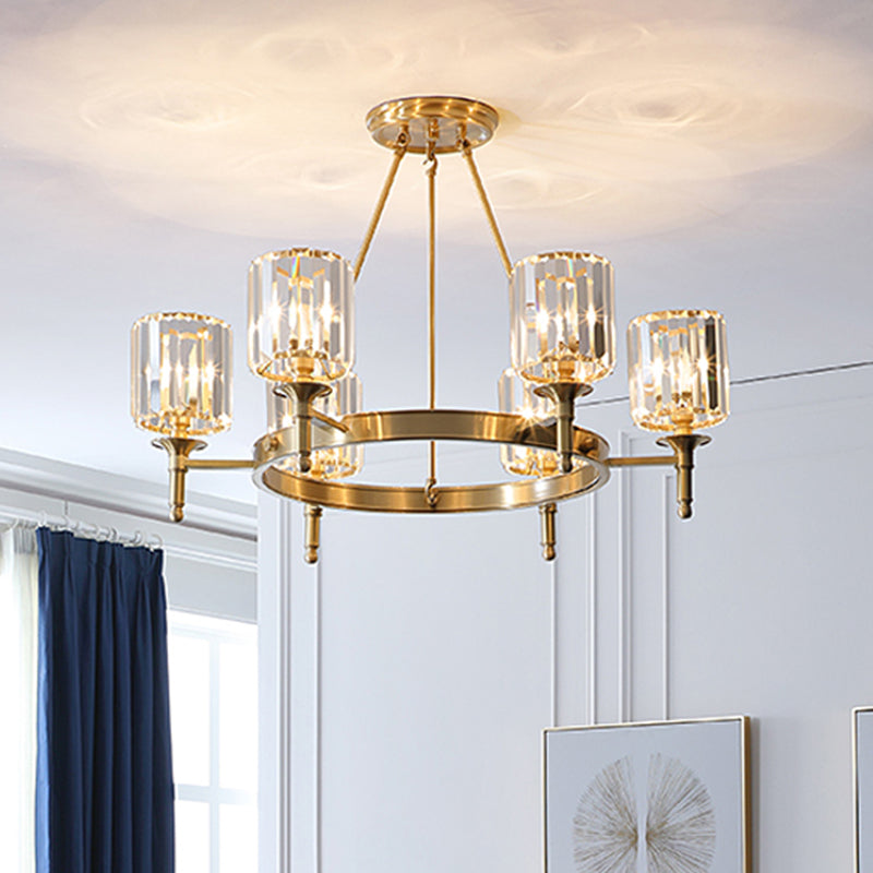 Modern Faceted Crystal Cylinder Chandelier Ceiling Pendant Light w/ 3/5/6 Bulbs in Brass Finish