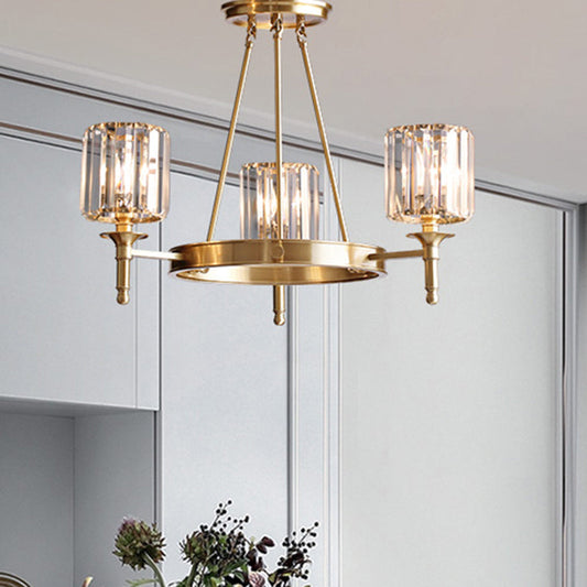 Modern Faceted Crystal Cylinder Chandelier Ceiling Pendant Light w/ 3/5/6 Bulbs in Brass Finish