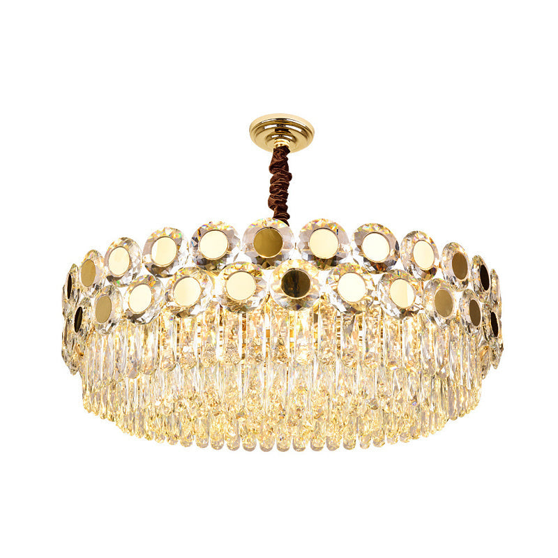 Contemporary Brass Drum Chandelier with Crystal Facets - 9-Light Hanging Pendant Ceiling Fixture