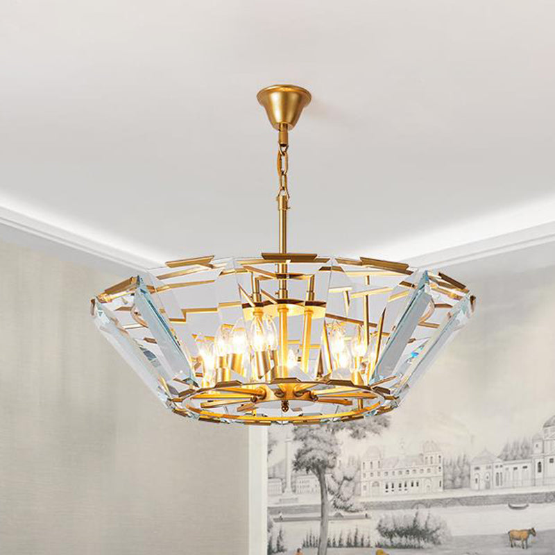 Gold Pendant Crystal Panel Chandelier - Postmodern Trifle Design, 6 Heads - Dining Room Light Fixture