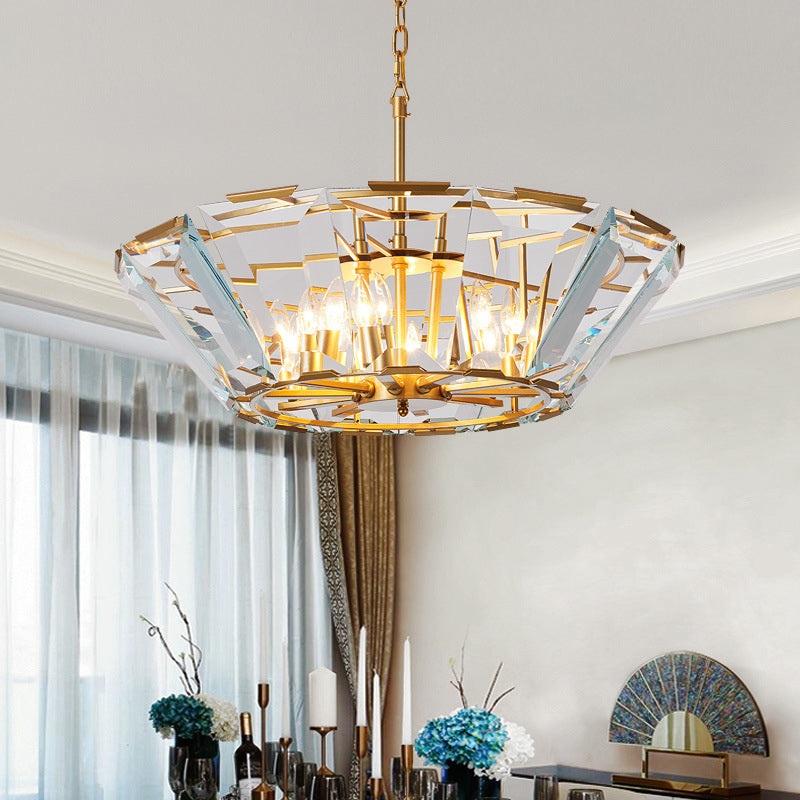 Gold Pendant Crystal Panel Chandelier - Postmodern Trifle Design, 6 Heads - Dining Room Light Fixture