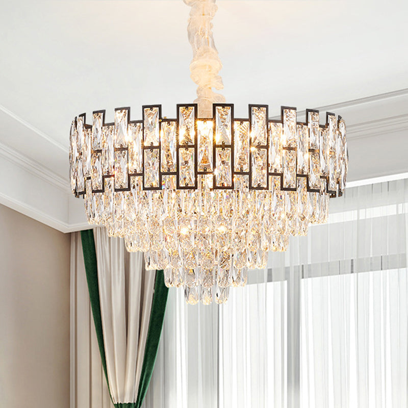 Modern Tapered Nickel Chandelier with Crystal Block, 6/10 Heads, 16"/19.5" Wide - Ceiling Hanging Light