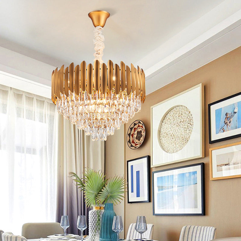 Postmodern Brass Chandelier Pendant Light - Faceted Crystal Cone Design - 6/10 Heads - 16"/19.5" Wide