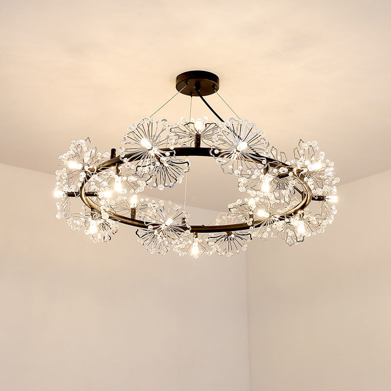 Contemporary 15-Head Crystal Beaded Chandelier Lamp: Flower Living Room Hanging Light in Black