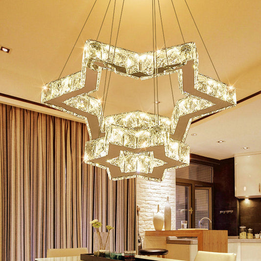 Stainless-Steel LED Ceiling Chandelier: Crystal Block Five-Pointed Star Hanging Light, Warm/White/3 Color Options