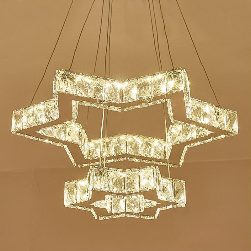 Stainless-Steel LED Ceiling Chandelier: Crystal Block Five-Pointed Star Hanging Light, Warm/White/3 Color Options