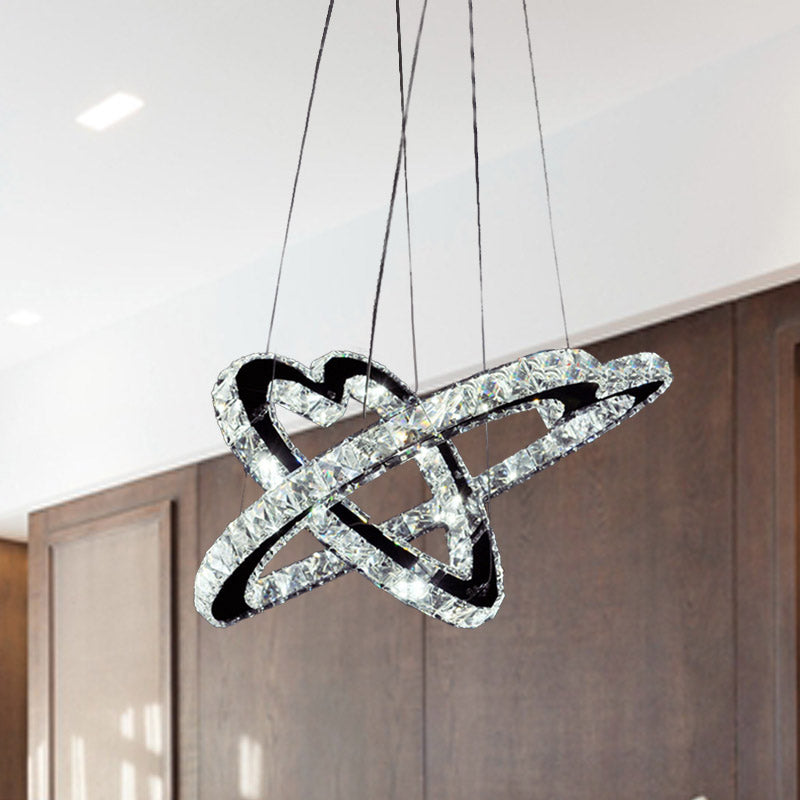 Modern K9 Crystal LED Chandelier Lamp - Heart Pendant Fixture, 14"/16" Wide, Stainless-Steel, Warm/White Light