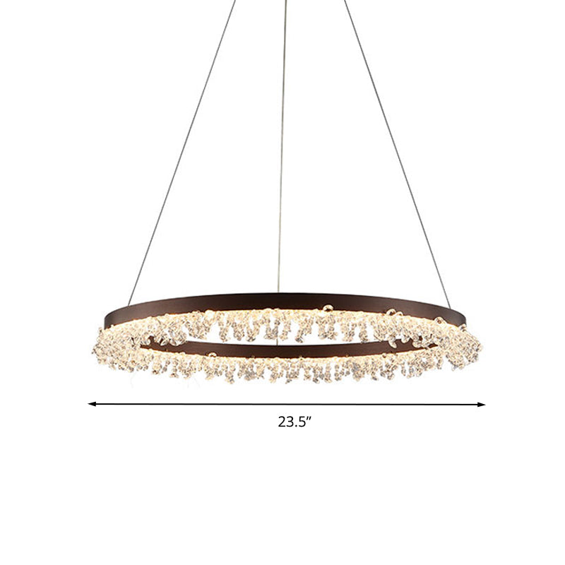 Simple Style Crystal Beaded Brown LED Chandelier Ring Pendant Light Kit, 16"/23.5" Wide