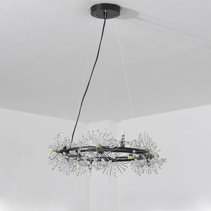 Minimalist Black LED Chandelier - Circle Crystal Beaded Hanging Lamp, 20.5"/26"/34" Wide