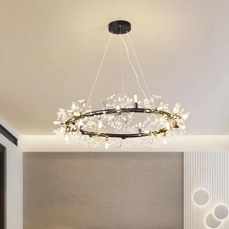 Minimalist Black LED Chandelier - Circle Crystal Beaded Hanging Lamp, 20.5"/26"/34" Wide