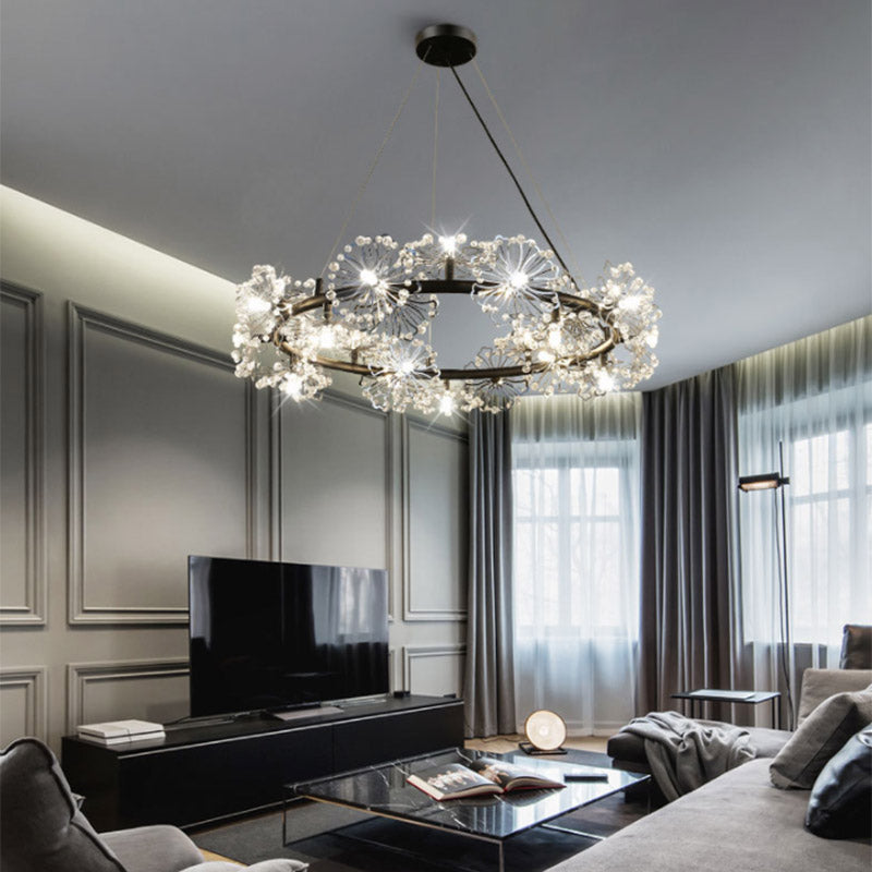 Minimalist Black LED Chandelier - Circle Crystal Beaded Hanging Lamp, 20.5"/26"/34" Wide