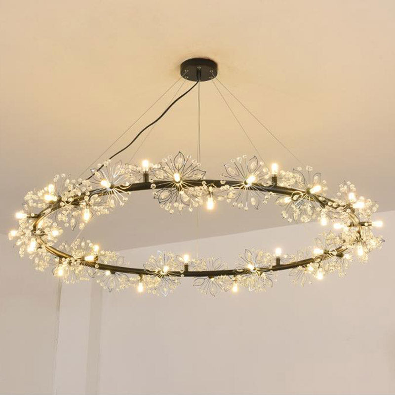 Minimalist Black LED Chandelier - Circle Crystal Beaded Hanging Lamp, 20.5"/26"/34" Wide