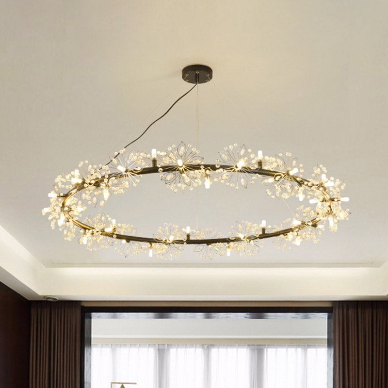 Minimalist Black LED Chandelier - Circle Crystal Beaded Hanging Lamp, 20.5"/26"/34" Wide