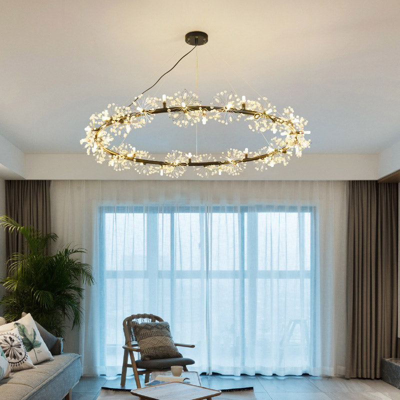 Minimalist Black LED Chandelier - Circle Crystal Beaded Hanging Lamp, 20.5"/26"/34" Wide