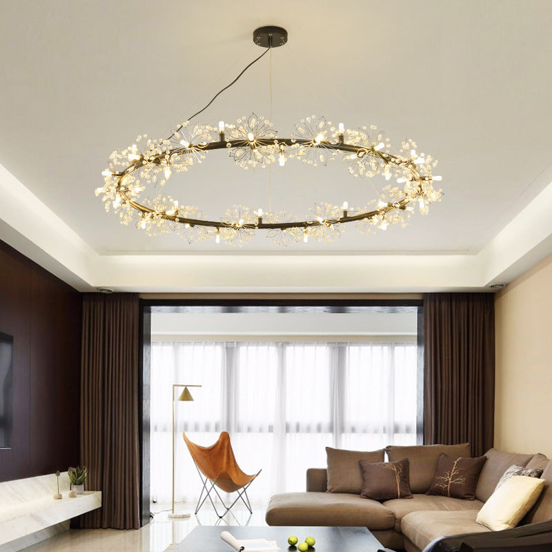 Minimalist Black LED Chandelier - Circle Crystal Beaded Hanging Lamp, 20.5"/26"/34" Wide