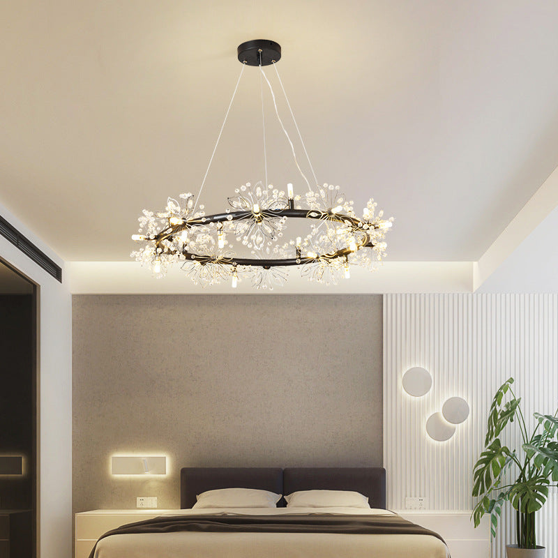 Minimalist Black LED Chandelier - Circle Crystal Beaded Hanging Lamp, 20.5"/26"/34" Wide