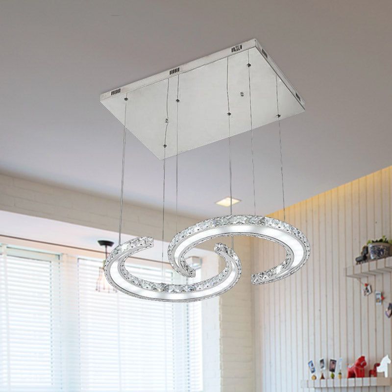 Double C-Shape Suspension Pendant LED Chandelier with K9 Crystal and Chrome Finish in Warm/White/3 Colors