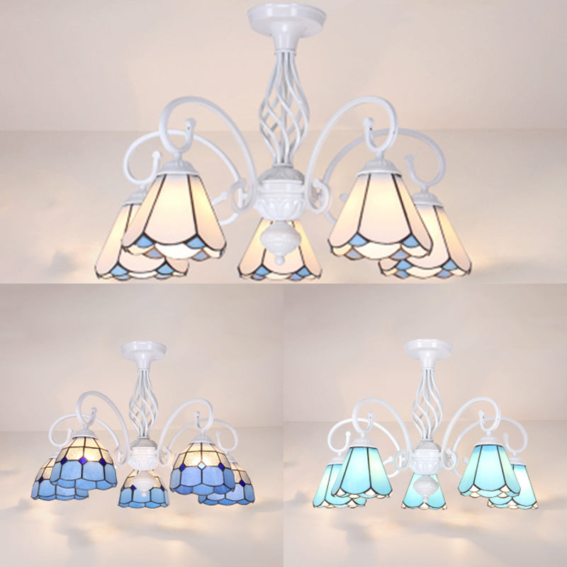 Plafonnier semi-encastré de style Tiffany : abat-jour blanc/bleu/bleu ciel à 3/5 lumières pour le salon