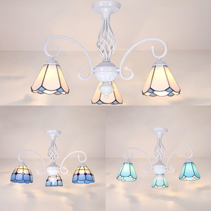 Plafonnier semi-encastré de style Tiffany : abat-jour blanc/bleu/bleu ciel à 3/5 lumières pour le salon
