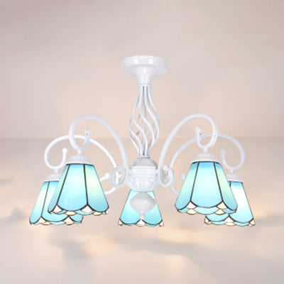 Plafonnier semi-encastré de style Tiffany : abat-jour blanc/bleu/bleu ciel à 3/5 lumières pour le salon
