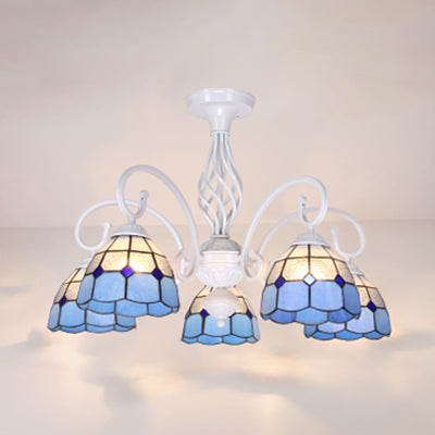 Plafonnier semi-encastré de style Tiffany : abat-jour blanc/bleu/bleu ciel à 3/5 lumières pour le salon