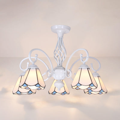 Plafonnier semi-encastré de style Tiffany : abat-jour blanc/bleu/bleu ciel à 3/5 lumières pour le salon