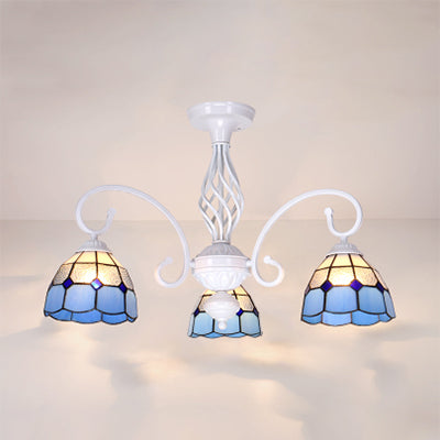 Plafonnier semi-encastré de style Tiffany : abat-jour blanc/bleu/bleu ciel à 3/5 lumières pour le salon