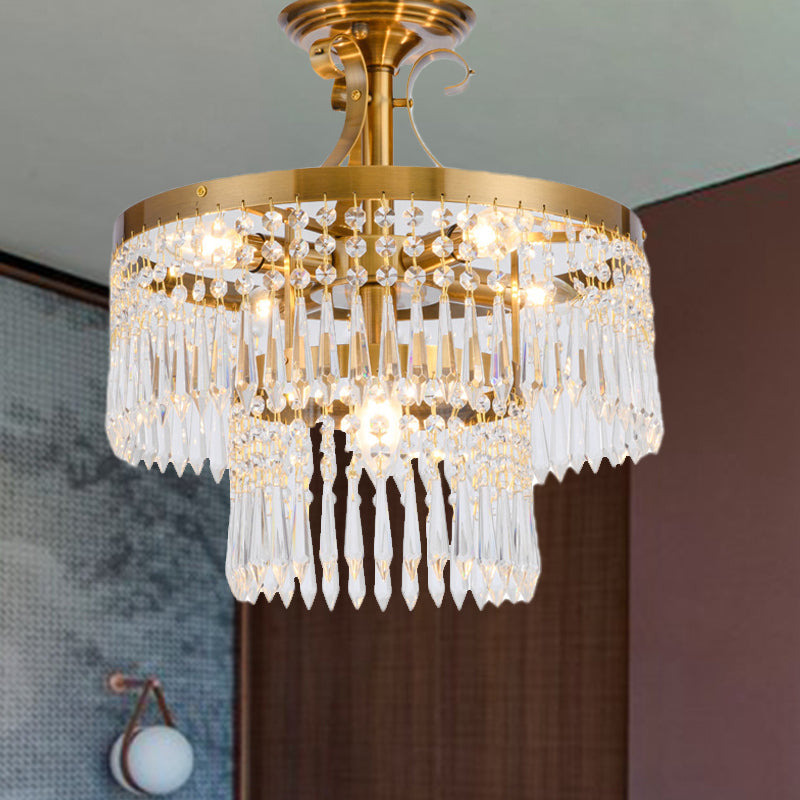 Plafonnier semi-encastré en cristal à 2 couches avec 6 ampoules - Coupe moderniste, finition laiton brossé