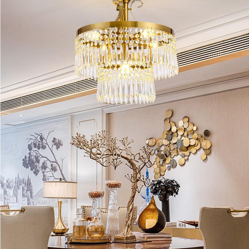 Plafonnier semi-encastré en cristal à 2 couches avec 6 ampoules - Coupe moderniste, finition laiton brossé