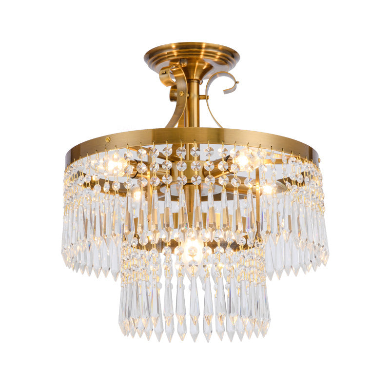 Plafonnier semi-encastré en cristal à 2 couches avec 6 ampoules - Coupe moderniste, finition laiton brossé