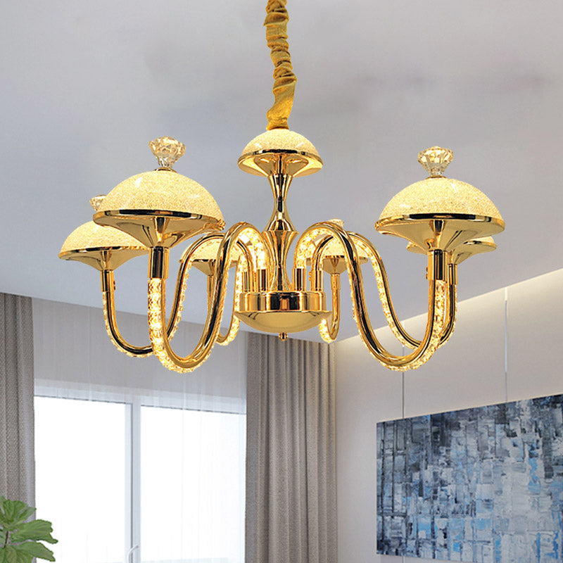 Lustre suspendu en cristal K9 avec lumière LED dorée - Forme de bol moderniste et abat-jour en verre dépoli