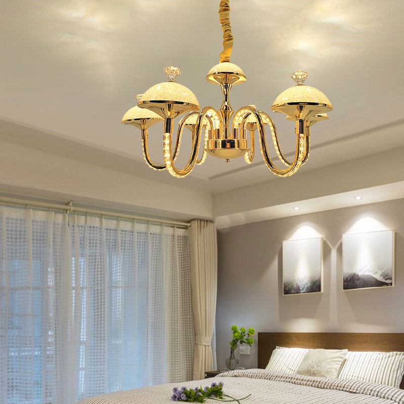 Lustre suspendu en cristal K9 avec lumière LED dorée - Forme de bol moderniste et abat-jour en verre dépoli