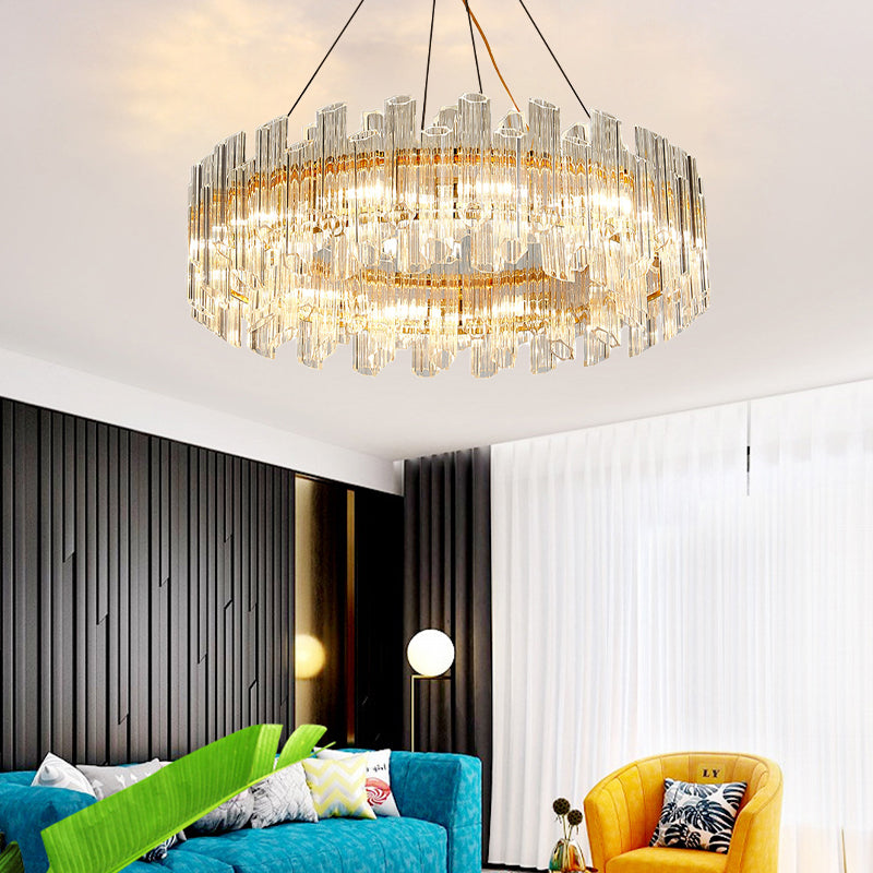 Modern Clear Crystal Drum Chandelier - Elegant 8/12 Light Gold LED Ceiling Lamp - Ideal for Living Room Styling