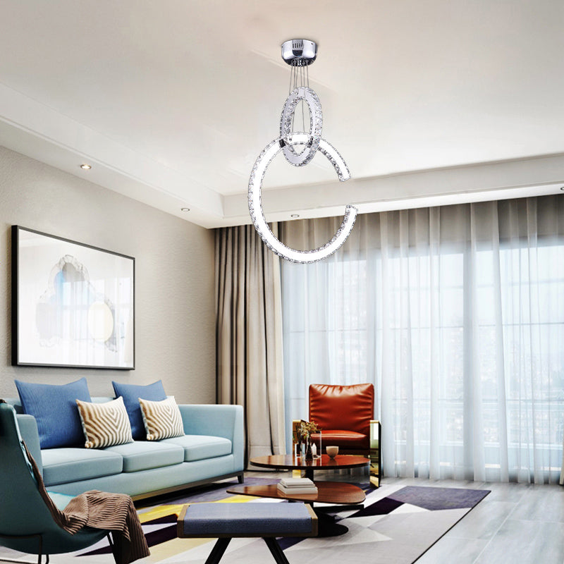 Modern LED Chandelier Lighting for Living Room - 2-Tier Chrome Pendant Light with Beveled K9 Crystal Shade in Warm/White/3 Color Light