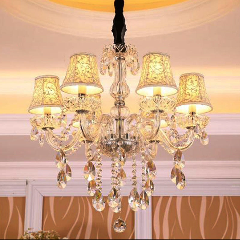Modernist Bell Chandelier – Clear Crystal Pendant, 6/8 Bulbs, 23"/28" Wide, Beige