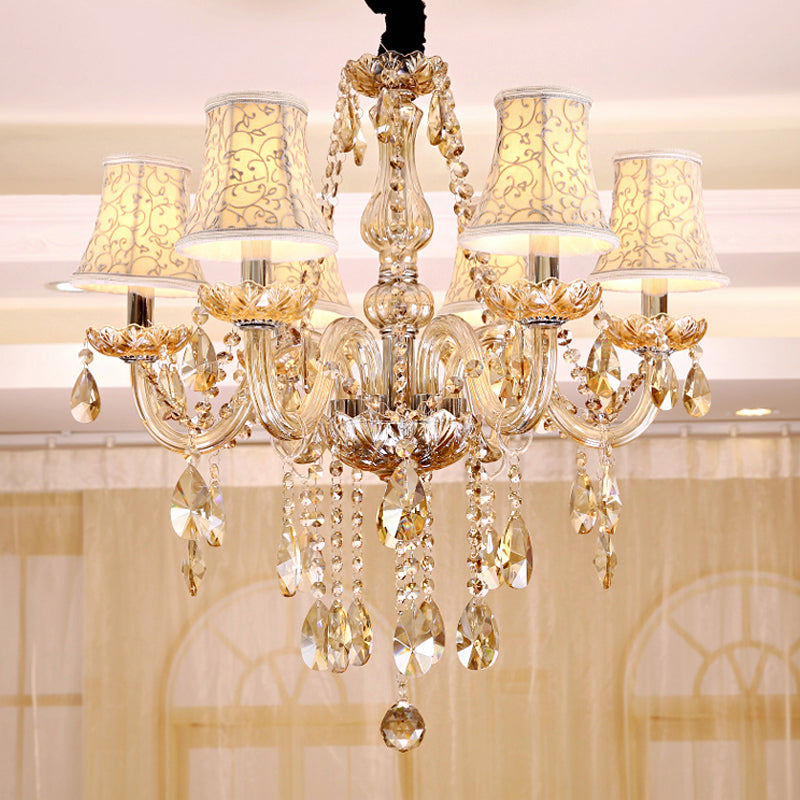 Modernist Bell Chandelier – Clear Crystal Pendant, 6/8 Bulbs, 23"/28" Wide, Beige
