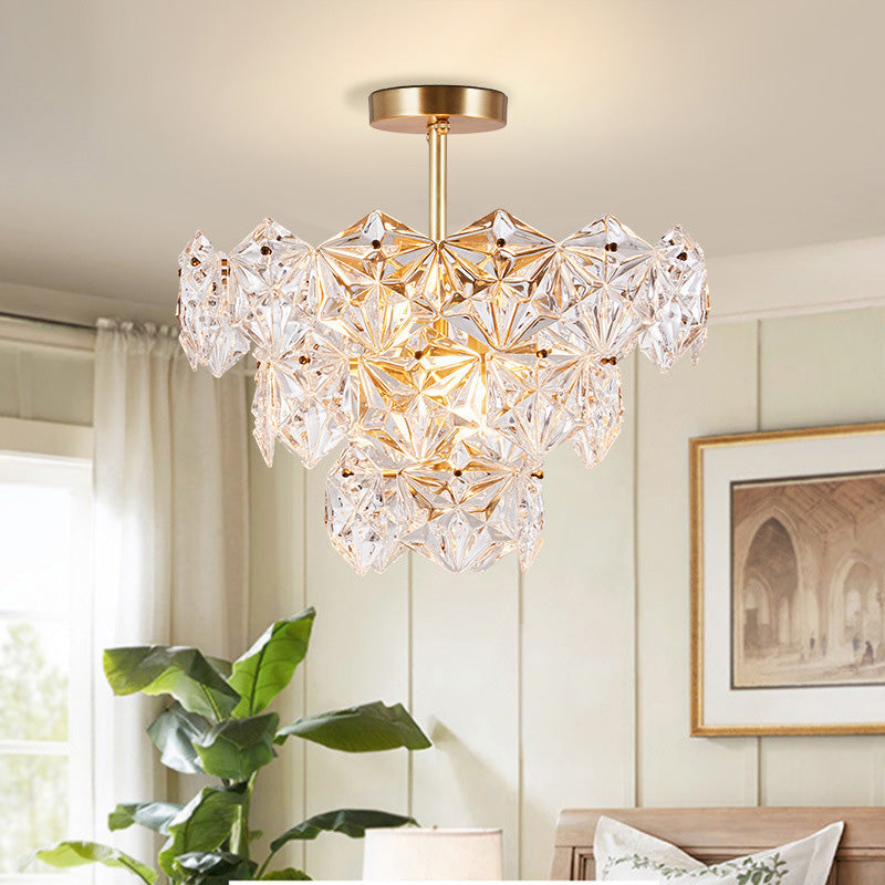 Lustre traditionnel en verre doré à 9 têtes avec suspension hexagonale conique