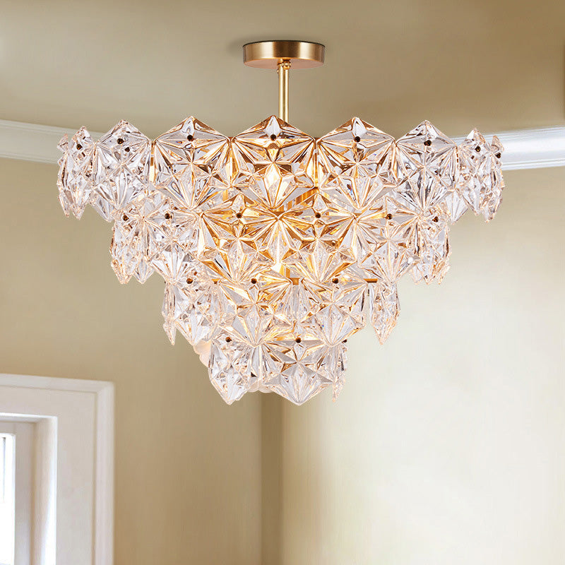 Lustre traditionnel en verre doré à 9 têtes avec suspension hexagonale conique