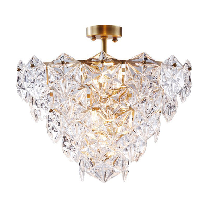 Lustre traditionnel en verre doré à 9 têtes avec suspension hexagonale conique