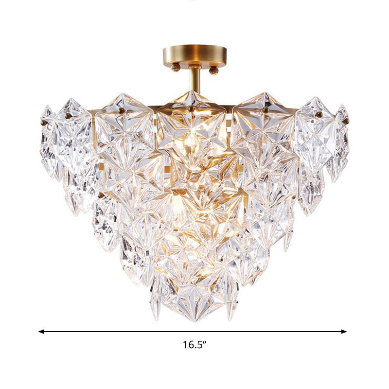 Lustre traditionnel en verre doré à 9 têtes avec suspension hexagonale conique
