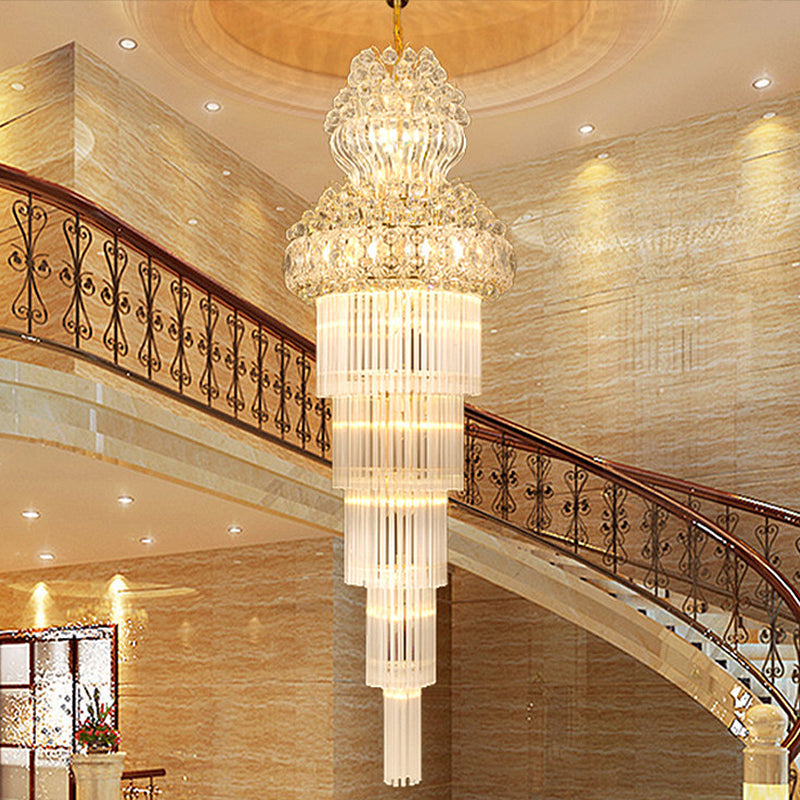 12 Heads Stairway Chandelier Pendant Light with Crystal Rod Gold Suspension Lamp