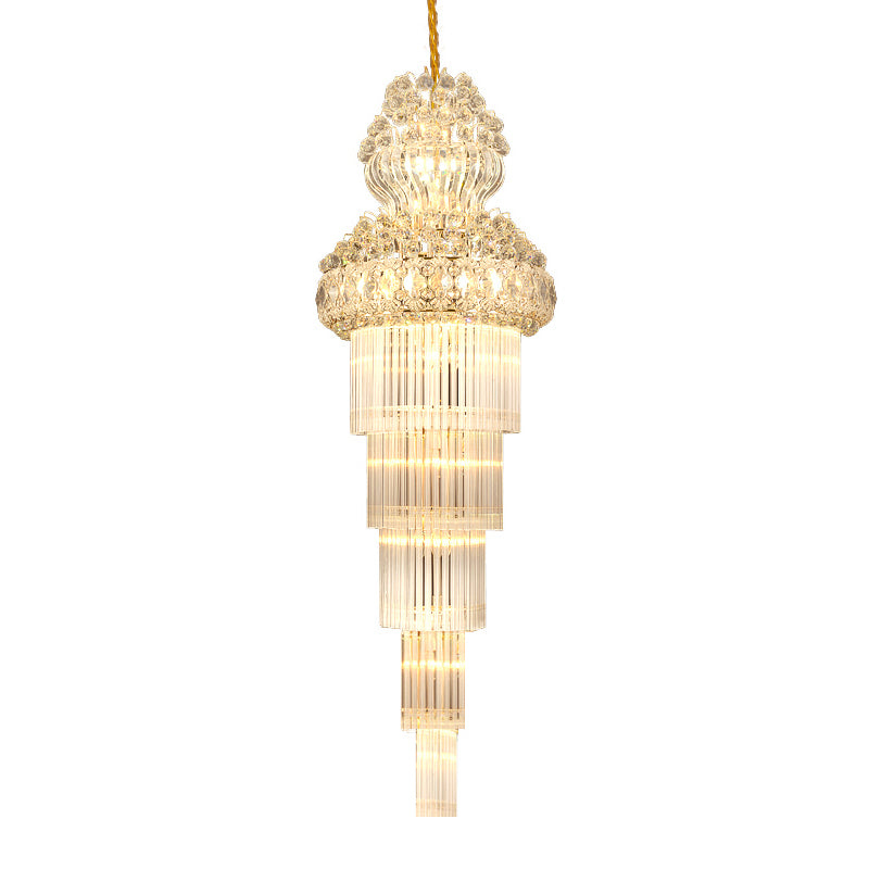 12 Heads Stairway Chandelier Pendant Light with Crystal Rod Gold Suspension Lamp
