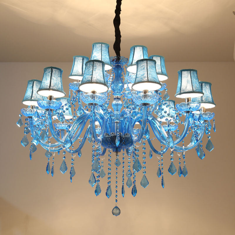 Modern Crystal Pendant Chandelier Blue Hanging Light, 6/18 Bulbs, Candle/Bell Design, 23.5"/37.5" W